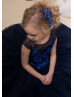 Navy Blue Beaded Lace Tulle Long Flower Girl Dress Pageant Dress